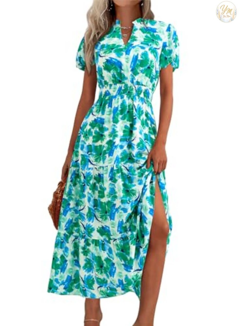 Women's Maxi Dress Short Sleeve Floral Puff Sleeve Boho Summer Long Dress